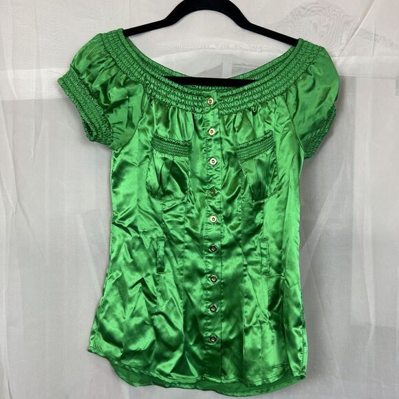 Vintage Charlotte Russe silk button down blouse y2k kelly green small stretch - Picture 1 of 8